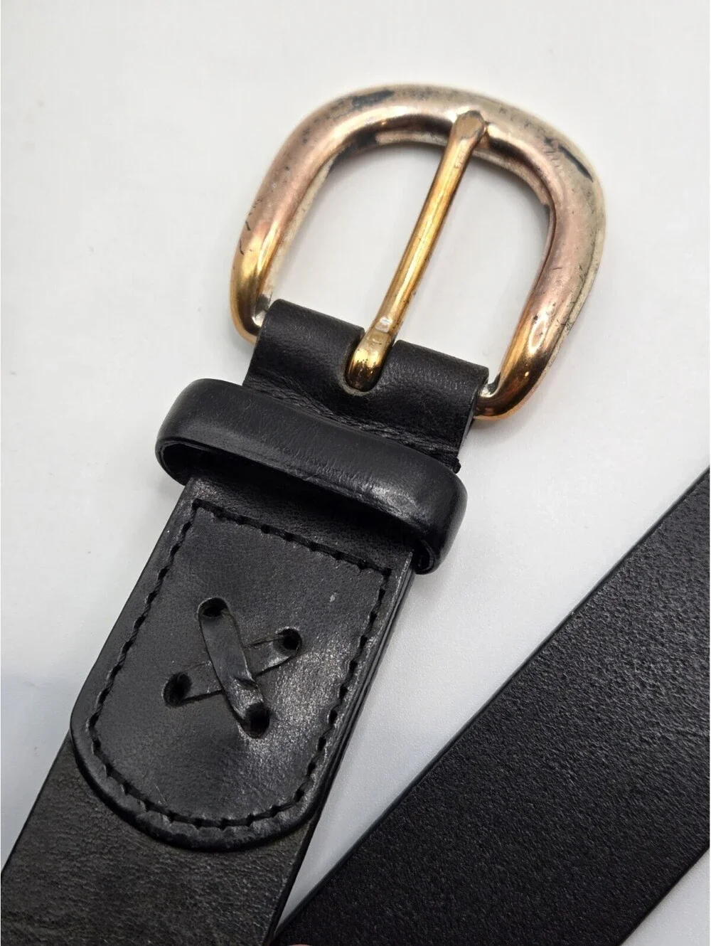 Eddie Bauer Women's Black Leather Belt with Gold Horseshoe Buckle Sz 34